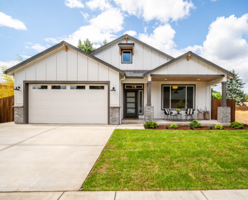 A modern single-story house with a two-car garage and a well-kept lawn.