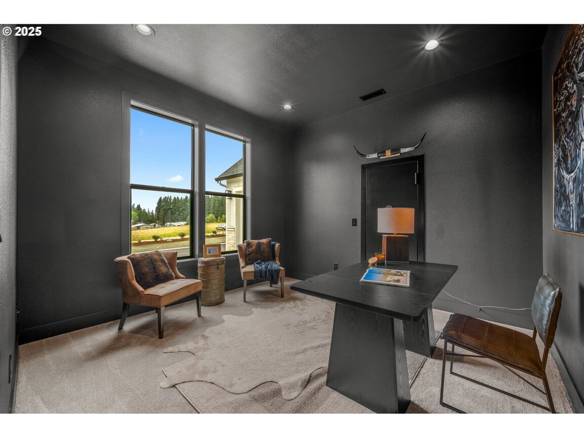 Cozy modern living room with a fireplace and outdoor view.