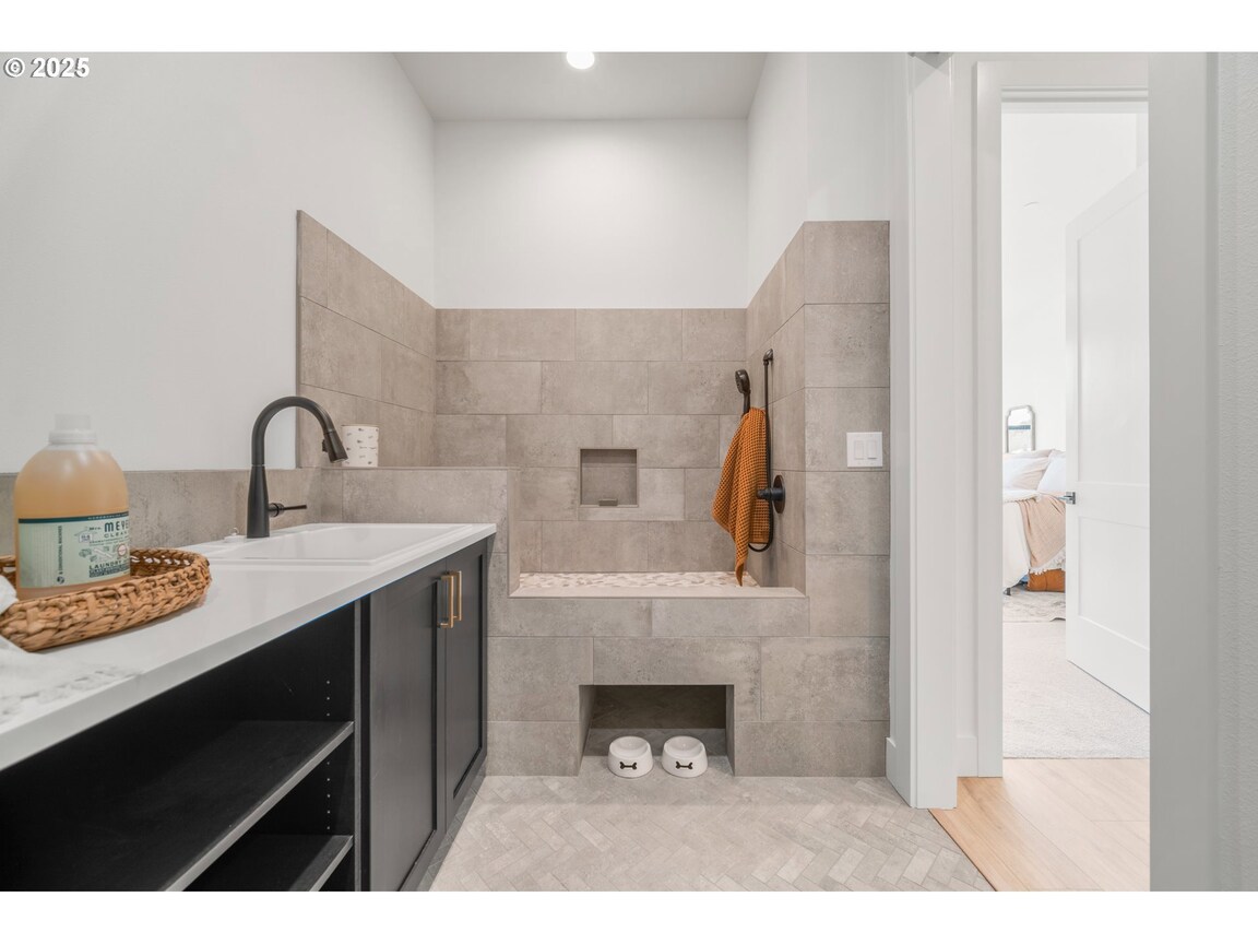 Modern bathroom with a sleek double sink and neutral tones.