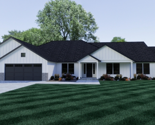 Modern white house with a black roof and green lawn.