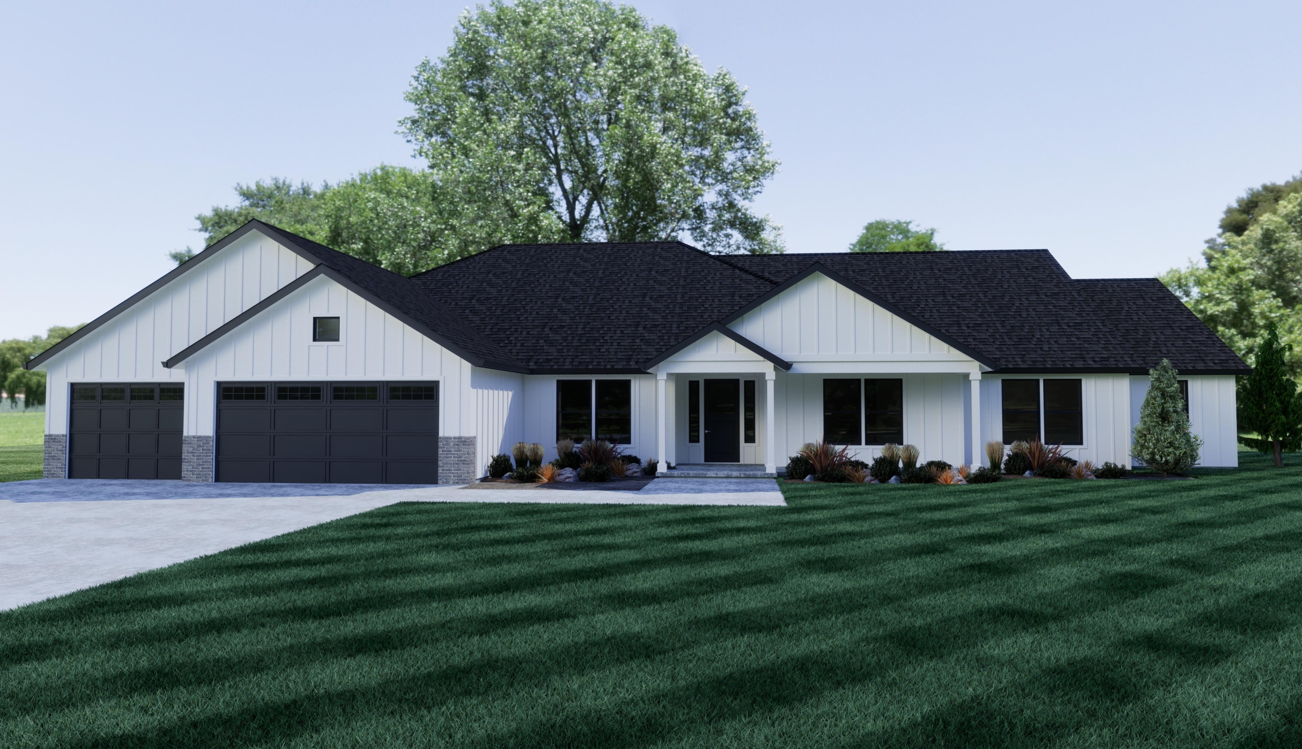 Modern white house with a black roof and green lawn.