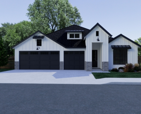 Modern dark gray and white two-story house with large garage and driveway.