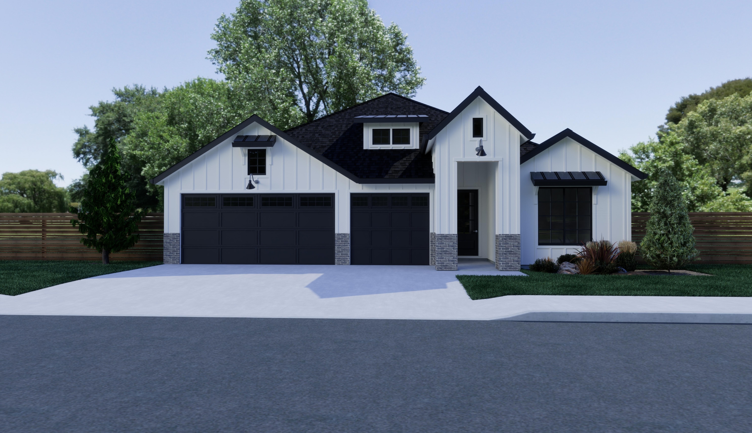 Modern dark gray and white two-story house with large garage and driveway.